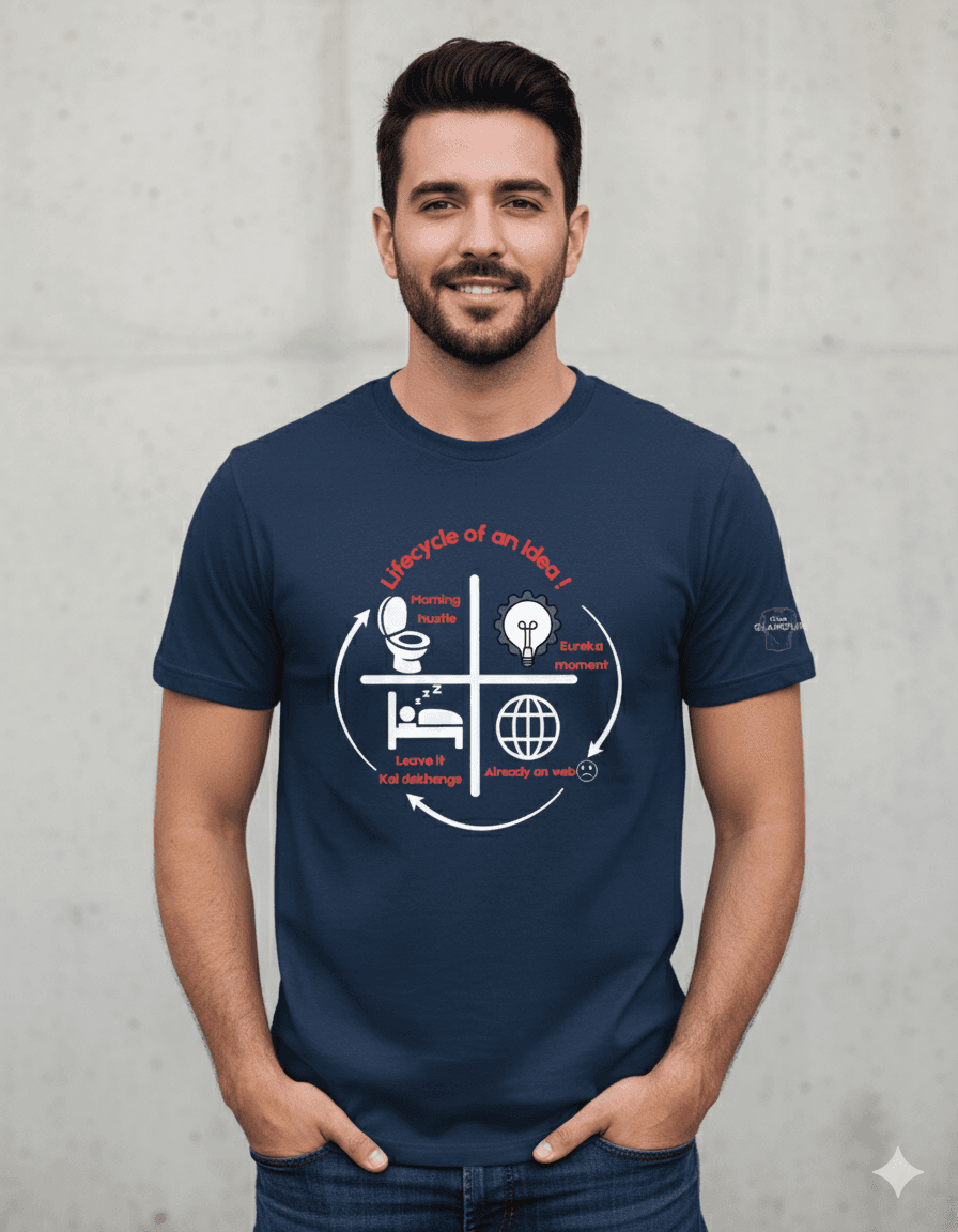 Navy Blue Cotton Printed Regular T-Shirt For Men & Women